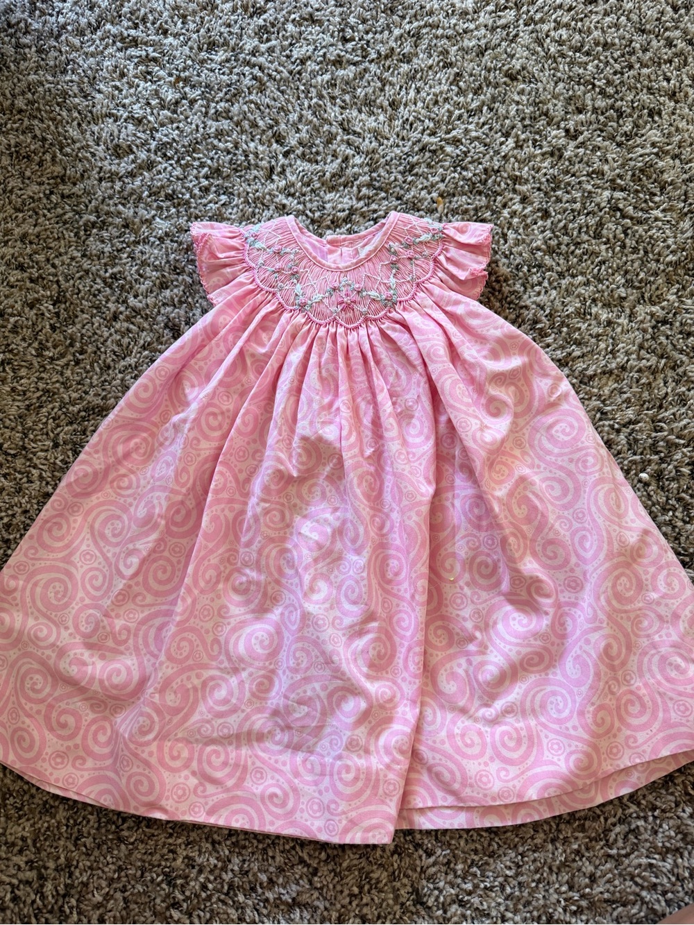 Petit Ami Pink Smocked Swirl-Print Flutter Dress